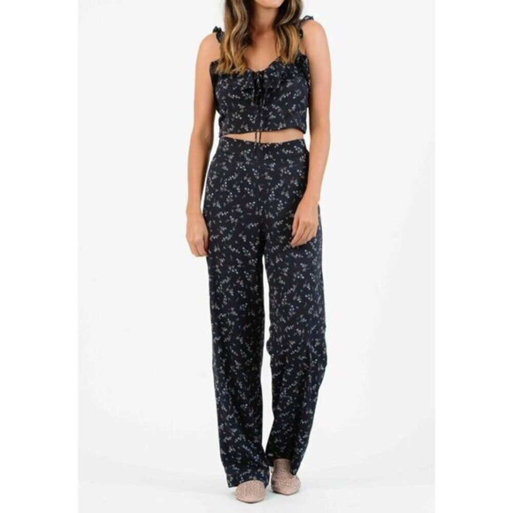 Lucca Couture Iris Palazzo Wide Leg Pants Floral Print High Rise Navy Sz S New